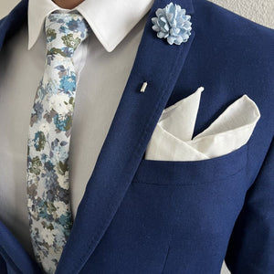 model wearing the hyacinth buds navy lapel pin