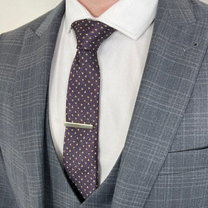 Purple Polka Galactic Tie with Grey Plaid Suit