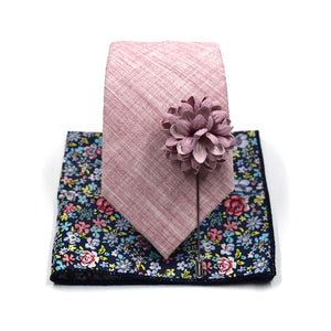 Linen Pink Tie Set, Tie on top of Floral Navy Pocket Square and Pink Hyacinth Lapel Pin