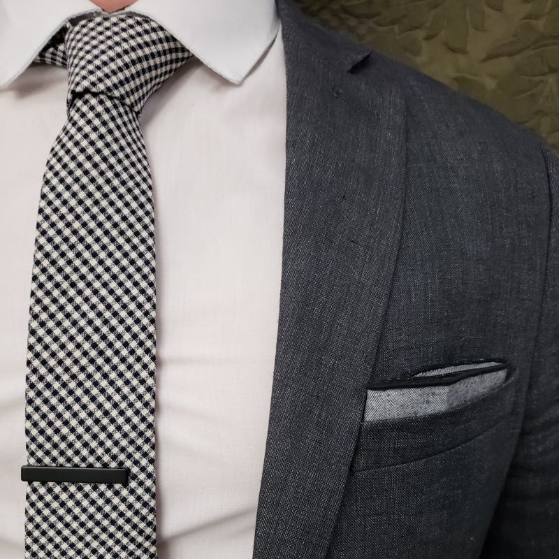 Skinny Black Tie With Silvery Checkerboard Pattern