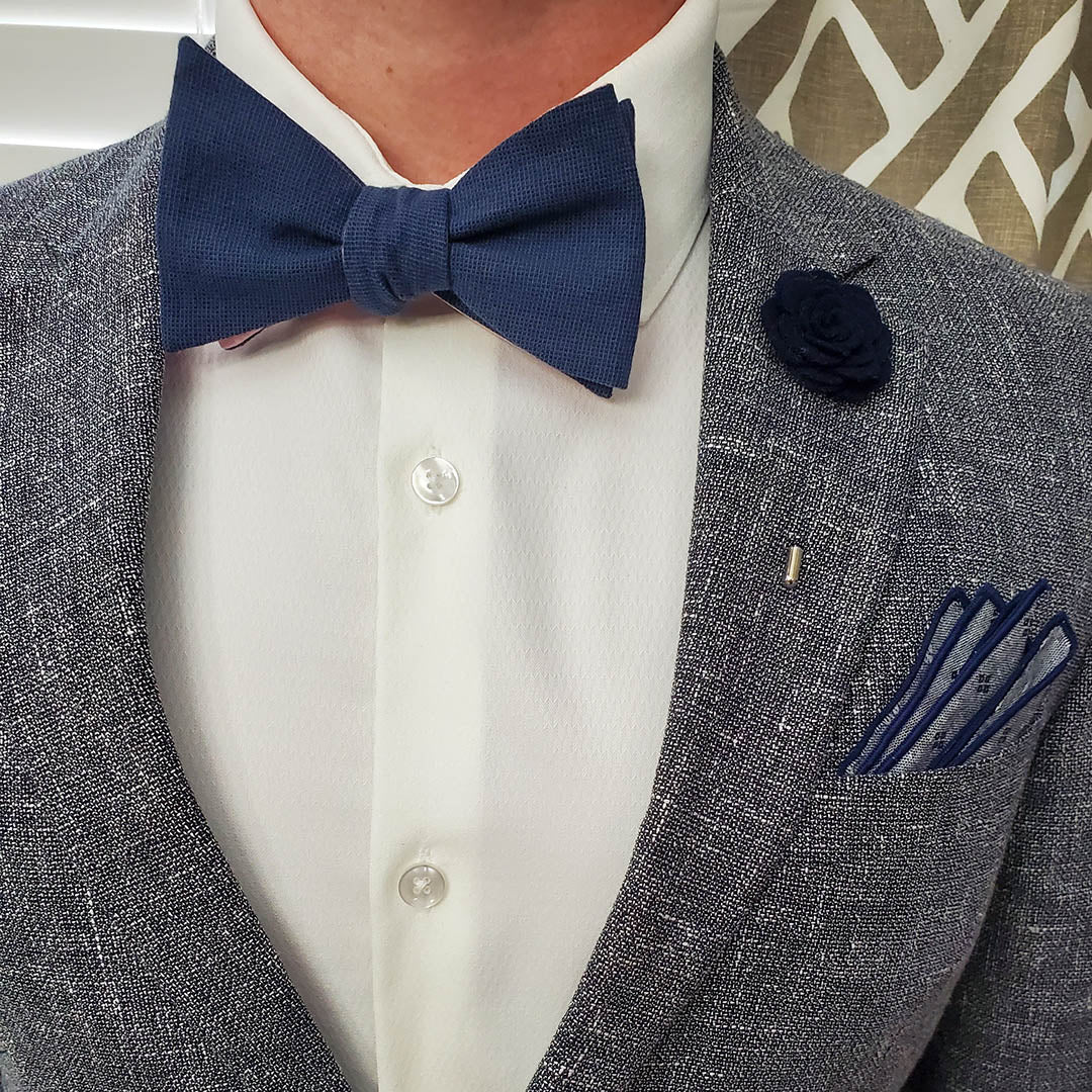 Polka Dot Navy Linen Self Tie Bow Tie